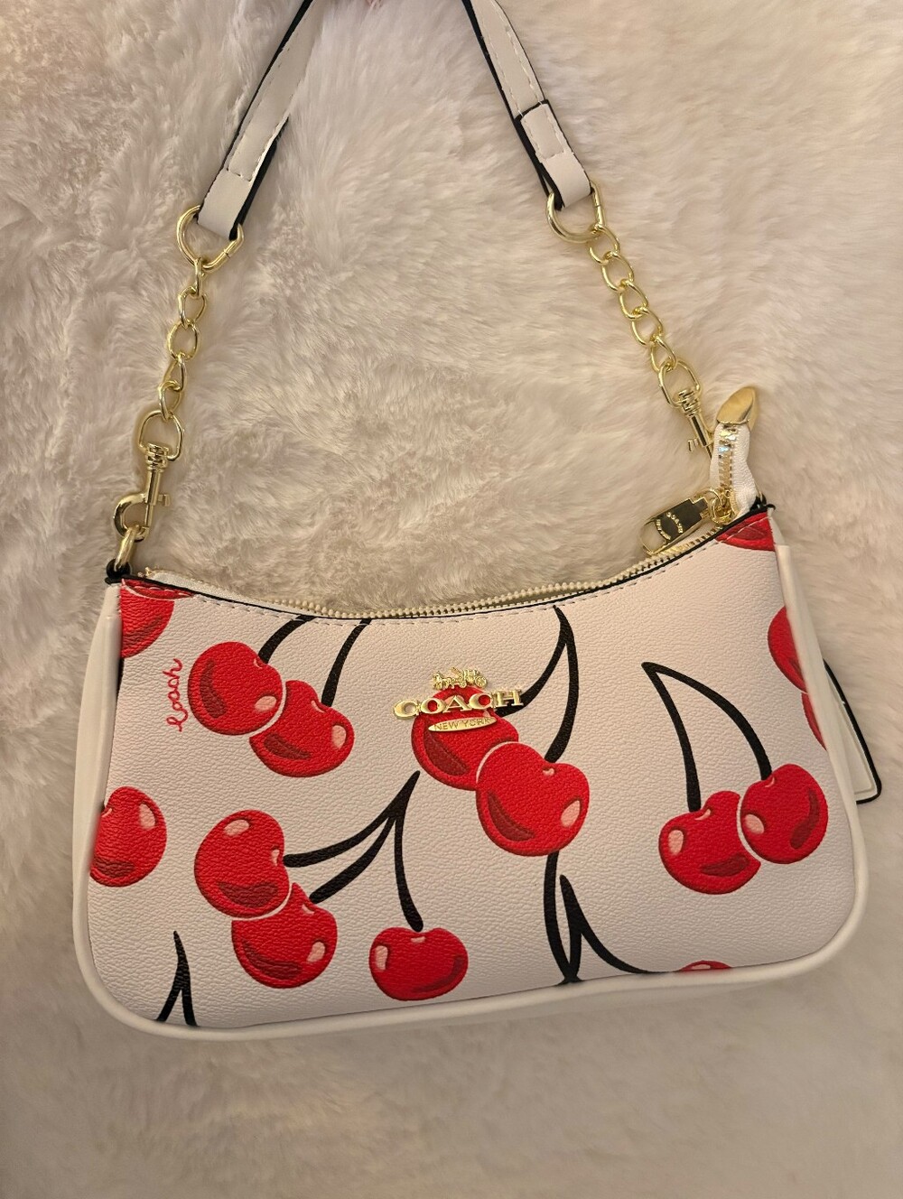 Coach White Shoulder Bag with Red Cherry Print
